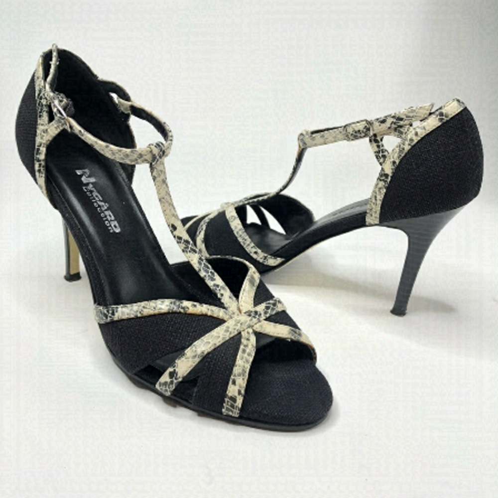 𝅺nygard Tindall Black T-strap Snake Print Heeled Peep-toe Sexy Sandals Shoes